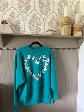 Vintage Teal Sweatshirt with Butterfly Heart Design